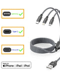 Three Pack Four Foot Three In One USB Charging Cable Set MFi Certified Fast Charge For Lightning USB C And Micro USB Multi Charging Cord Durable Nylon Braided Great For Travel On The Go Must Have, braided