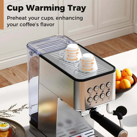 Front view of 20 Bar Espresso Machine With Milk Frother Compact Stainless Steel Coffee Maker 57 Ounce Removable Water Tank