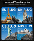 Universal Travel Power Adapter with 4 plug types for EU, UK, US, and AUS in front of landmarks; black, compact design.
