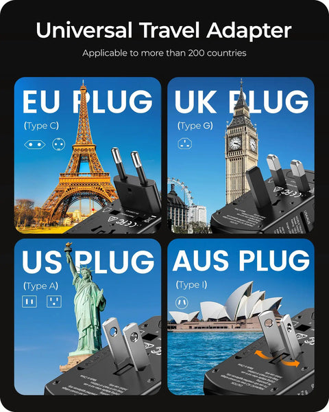 Universal Travel Power Adapter with 4 plug types for EU, UK, US, and AUS in front of landmarks; black, compact design.