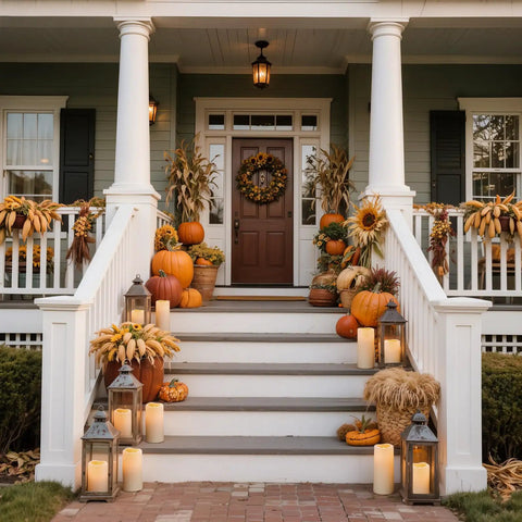 Outdoor Flameless Candles 8 by 4 Inch Waterproof Pillar Set of 2 with Remote Control illuminating porch autumn decor.