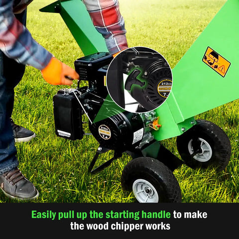 7HP Gas Powered Wood Chipper With Three Inch Max Cutting Diameter All Steel Construction Beast Mode Heavy Duty Shredder Mulcher 15 To 1 Reduction Cutting Roller Design For Quick Branch Processing And Easy Blade Maintenance showing starting handle being pulled