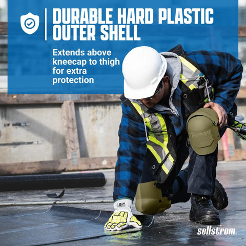 Man wearing Ultra Flex III KneePro Knee Pads with heavy duty outer shell and speed clips while working on construction site.