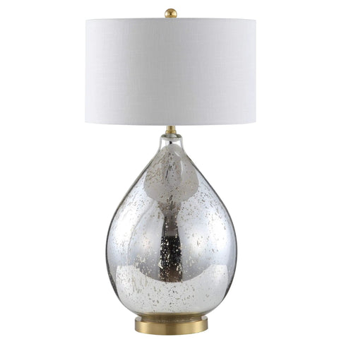 Mercury Silver Glass Teardrop Table Lamp With White Linen Drum Shade For Living Room Or Bedroom Dope Glam Transitional Bedside Lighting