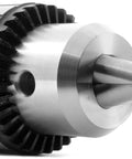 Close-up of Beefy One Half Inch Keyed Drill Chuck With MT1 Arbor Taper For Drill Press Lathe And Mini Mill, metal construction.