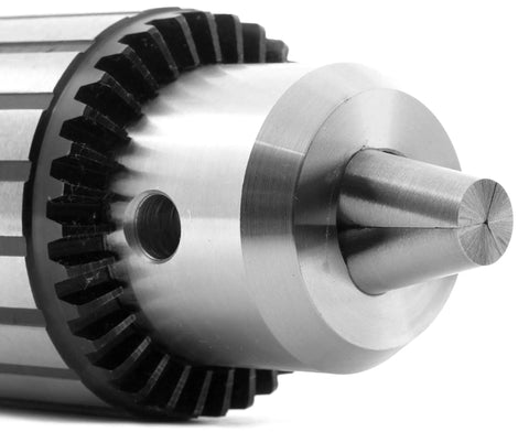 Close-up of Beefy One Half Inch Keyed Drill Chuck With MT1 Arbor Taper For Drill Press Lathe And Mini Mill, metal construction.
