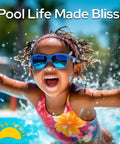 7 In 1 Pool Test Strips With App 150 Count Extra Long Strips For Chlorine Ph Alkalinity Hardness And Cyanuric Acid, child joyfully splashing in pool.