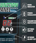 Heavy Duty Electric Handheld Strapping Tool With Rechargeable Battery Digital Control For PP PET Banding Up To 5/8 Inch Wide Bands function panel display showing settings and indicators.