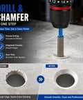 Crush Through Hard Surfaces With This Eight Piece Vacuum Brazed Diamond Drill Bit And Hole Saw Set For Tile Glass Porcelain Granite Fast Cut Edge Grinding And Pro Shop Precision, showing drilling process with chamfer tool.