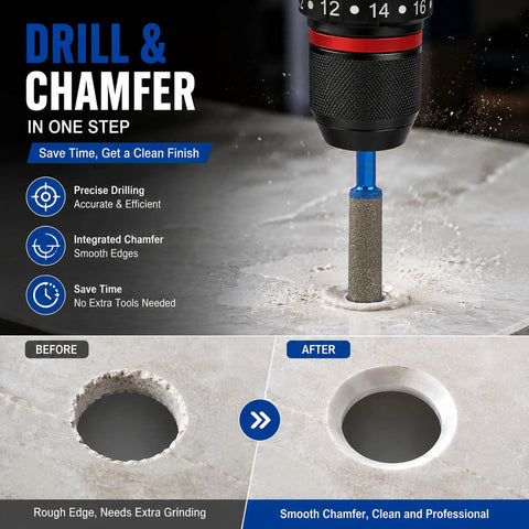Crush Through Hard Surfaces With This Eight Piece Vacuum Brazed Diamond Drill Bit And Hole Saw Set For Tile Glass Porcelain Granite Fast Cut Edge Grinding And Pro Shop Precision, showing drilling process with chamfer tool.