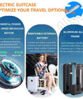 Straight Fire Rideable Electric Suitcase 20 Inch Smart Carry On Luggage For Adults Premium Aluminum Build displayed with removable battery and details.