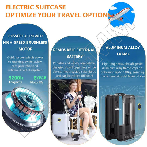 Straight Fire Rideable Electric Suitcase 20 Inch Smart Carry On Luggage For Adults Premium Aluminum Build displayed with removable battery and details.