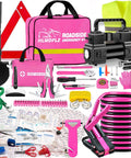 Must Have Portable Car Emergency Kit With 12V Air Compressor Jumper Cables First Aid Auto Tool Set Roadside Safety Gear Winter Driving Essentials Hot Pink Kit For Women Men Teens displayed with tools, cables, and accessories.