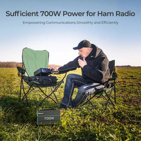 Hella Reliable 700 Watt Pure Sine Wave Inverter 12V To 110V DC AC Converter on grass with user operating ham radio.