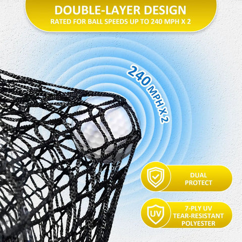 Close-up of double-layer net design showing Heavy Duty Golf Hitting Net 10x7 Ft with protection for ball speeds up to 240 mph