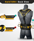 Back view of KwikTURN safety harness with D-rings and strong belt loops, highlighting features for linemen and ironworkers.