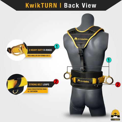 Back view of KwikTURN safety harness with D-rings and strong belt loops, highlighting features for linemen and ironworkers.