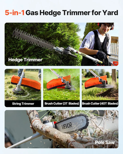 Gas Hedge Trimmer Combo with 63cc 2 cycle engine five-in-one multi tool for hedge trimming, string trimming, brush cutting, pole saw