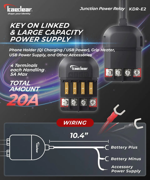 Diagram of Motorcycle Power Relay Kit DC 12V 20A Waterproof 4 Way Fuse Block with quick connect detail and wiring layout.