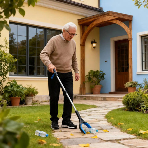 Senior using grabber from Senior Daily Living Assist Kit No Bending Sock Aid Foldable Reacher Grabber With 360 Degree Rotating Jaw
