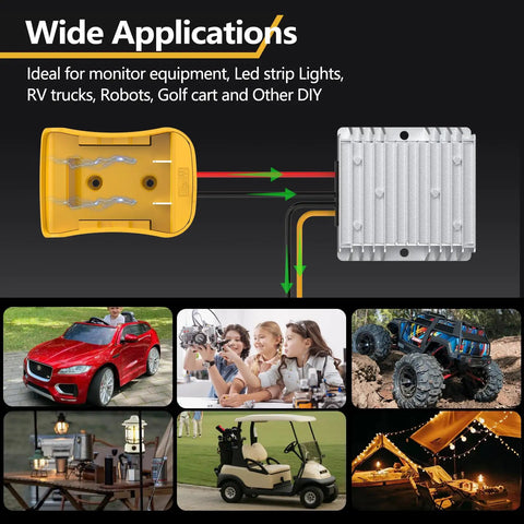 Image showing a 20V To 12V Step Down Power Inverter For Cordless Tool Batteries, Buck Boost DC Converter 20A 240W with various applications.