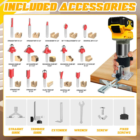 Cordless Wood Router Trimmer For 20V Battery With 6 Speed Settings, 800W Brushless Motor, includes 15 router bits, no battery
