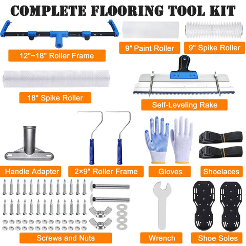 Complete 18 Inch Self Leveling Cement Tool Kit With Pro Grade Adjustable 12 To 18 Inch Roller Frame, Spike Roller Set, and Accessories