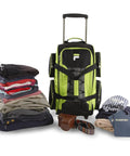 Neon Lime 22 Inch Lightweight Carry On Rolling Duffel Bag with folded clothes, passport, belt, and telescoping handle visible.