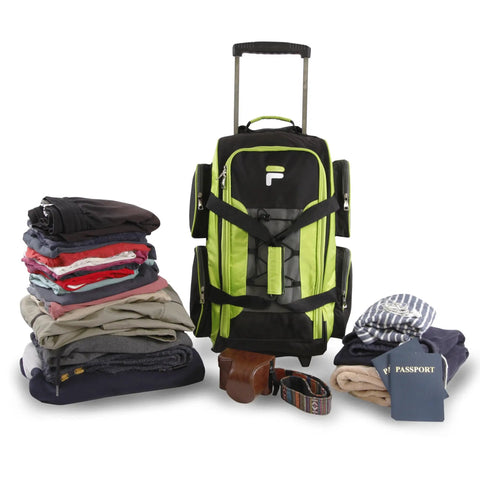 Neon Lime 22 Inch Lightweight Carry On Rolling Duffel Bag with folded clothes, passport, belt, and telescoping handle visible.