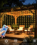 Outdoor Solar Curtain Lights 200 LED Warm White, 13ft By 3.9ft Waterproof String Lights With Remote Timer For Garden Patio