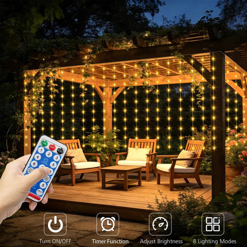 Outdoor Solar Curtain Lights 200 LED Warm White, 13ft By 3.9ft Waterproof String Lights With Remote Timer For Garden Patio
