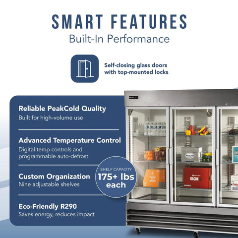 Commercial 3 Glass Door Refrigerator Boasting A Massive 72 Cubic Foot Layout Built From Premium Stainless Steel showcasing interior items and features.