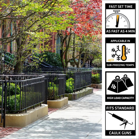 Heavy Duty High Strength Anchoring Adhesive For Concrete And Masonry With Fast Setting Self Mixing Nozzle 10.1 Fl Oz Gray Ideal For Railing Posts Rebar Bolts Dowels And Subfreezing Temperatures used in elegant iron railings along a city sidewalk.