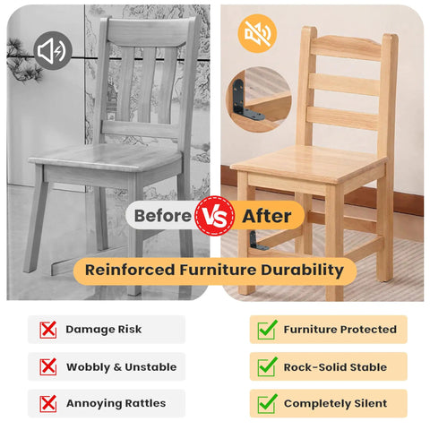 Comparison of chair's stability with Solid As A Rock Heavy Duty L Brackets Quick Fix Corner Supports Stainless Steel.