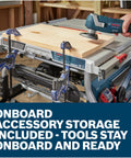 Heavy Duty 10 Inch Portable Jobsite Table Saw With Gravity Rise Wheeled Stand And 15 Amp Motor featuring onboard storage with clamps and wood.