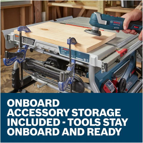 Heavy Duty 10 Inch Portable Jobsite Table Saw With Gravity Rise Wheeled Stand And 15 Amp Motor featuring onboard storage with clamps and wood.