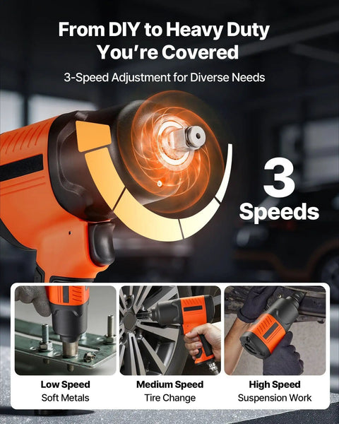 Heavy Duty 1/2 Inch Drive Pneumatic Impact Wrench Delivers Badass 1100 Foot Pounds Reverse Torque And Smooth 7500 Rpm Free Speed With Four Quick Adjustments And A Lightweight Aluminum Frame Crafted For No Sweat Under The Hood Auto Repair at three speed settings for diverse applications.