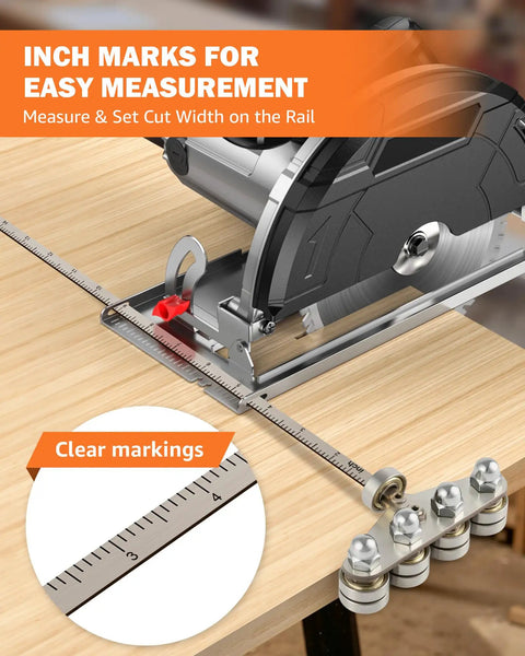 Straight Shooting 24 Inch Circular Saw Guide Rail With 2 Mm Thin Alignment Caliper showing clear inch markings for precise measurements.