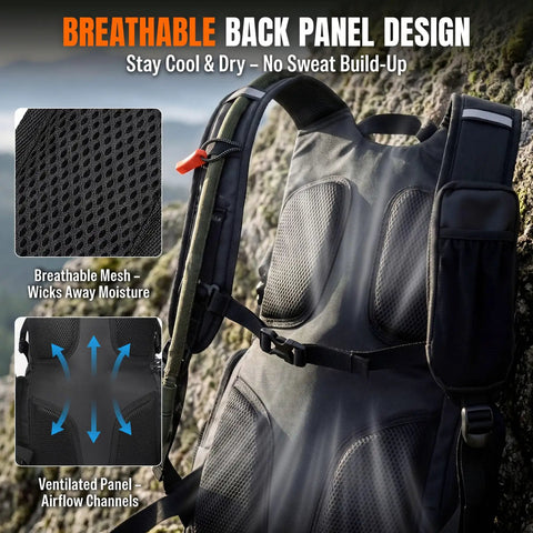 25L Hydration Backpack for Hiking, Biking and Travel showing breathable back panel design with mesh and airflow channels.