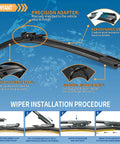 BMW 3 Series Front Windshield Wiper Blades Set Of 2 In 24 Inch And 19 Inch showing installation steps and features