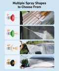 Short Pressure Washer Gun With Swivel, 4060 PSI Max, Four Nozzles, illustrating different spray shapes on surfaces