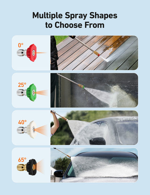 Short Pressure Washer Gun With Swivel, 4060 PSI Max, Four Nozzles, illustrating different spray shapes on surfaces