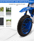Close-up of 12V Kids Motorcycle With Treaded Tires And Soft Start showcasing anti-slip wheel suitable for various road types.