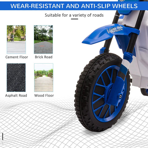 Close-up of 12V Kids Motorcycle With Treaded Tires And Soft Start showcasing anti-slip wheel suitable for various road types.