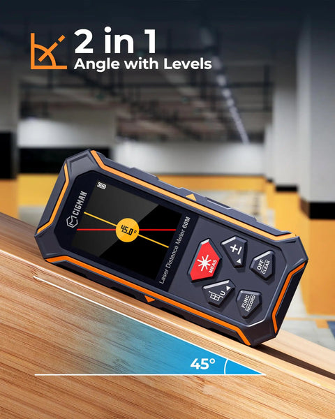 Dual Laser Measuring Tool With Bidirectional And Unidirectional Modes, Measures Up To 393 Feet With Precision, Built For Quick Home Improvement And DIY Projects, Easy One Hand Use angle meter on wood surface