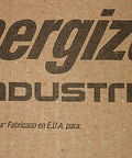 Energizer Industrial packaging, text on cardboard with "Made in Singapore," from Industrial AA Alkaline Batteries Box Of 144.