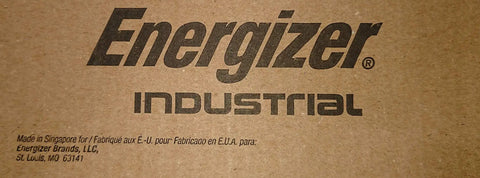 Energizer Industrial packaging, text on cardboard with "Made in Singapore," from Industrial AA Alkaline Batteries Box Of 144.