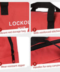 Close-up of Heavy Duty Lockout Tagout Bag for Electrical Kits showing red polyester material, reinforced stitching, and handles.