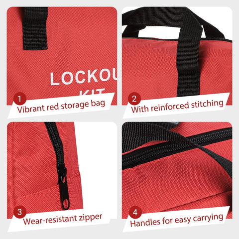 Close-up of Heavy Duty Lockout Tagout Bag for Electrical Kits showing red polyester material, reinforced stitching, and handles.