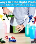 Chemical Resistant 24 Oz Spray Bottles 10 Pack Heavy Duty Trigger Sprayer With Adjustable Nozzle, five colors in use.